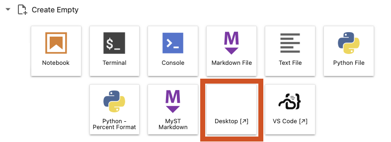 Nebari JupyterLab Launcher tab with Desktop tile indicated in red